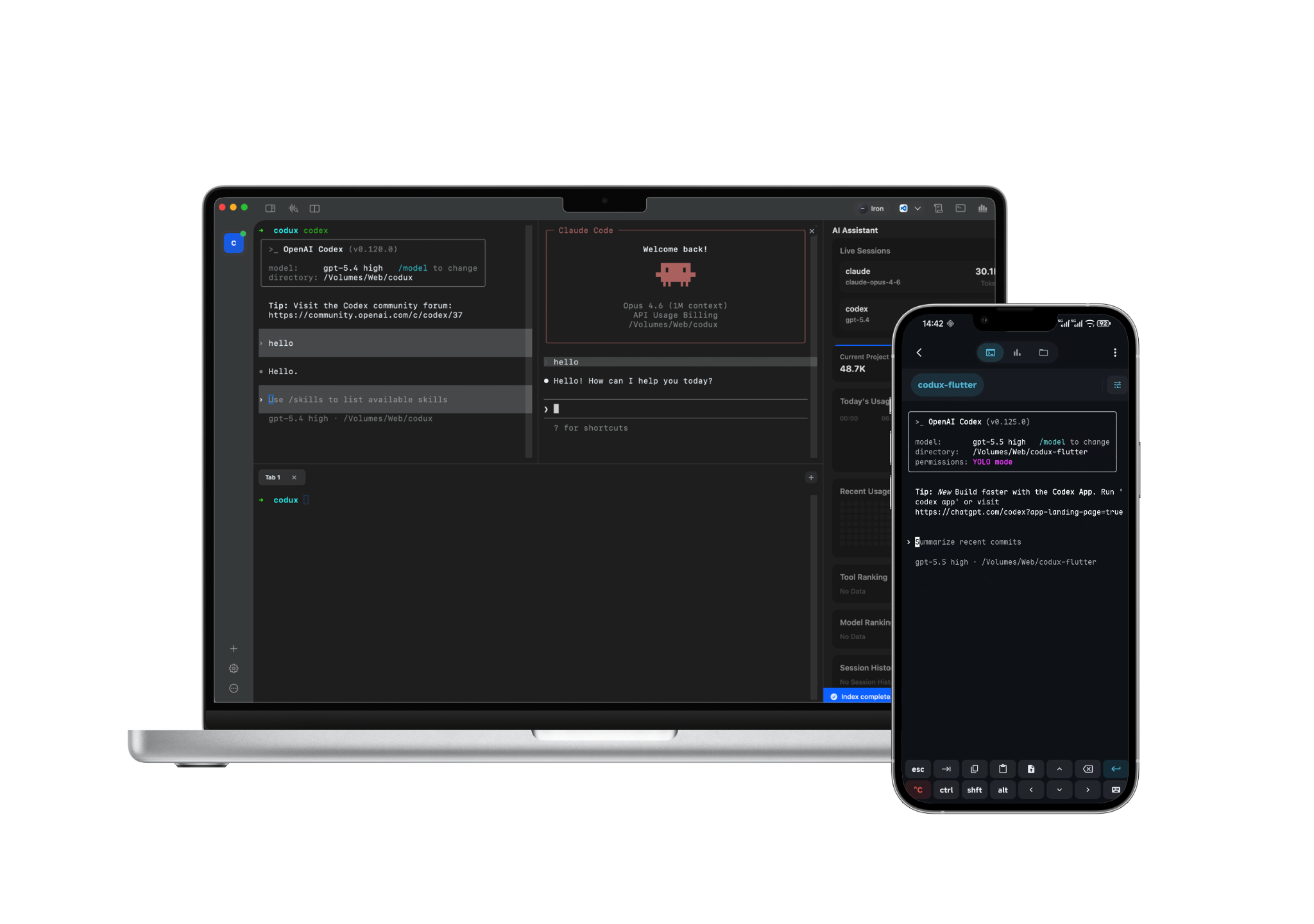 Codux app showcase — desktop workspace and mobile companion